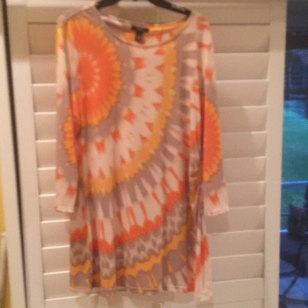 Tunic top  orange white yellow gray 3/4 sleeves